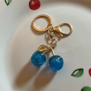Gold Cherry Keychain with Blue Glitter Charms
